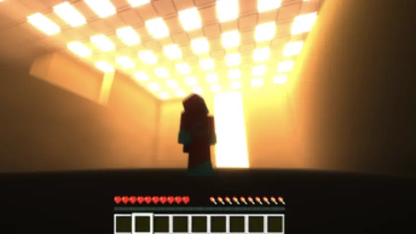A minecraft player avatar standing and watching the yellow walls of the backrooms and lights in minecraft