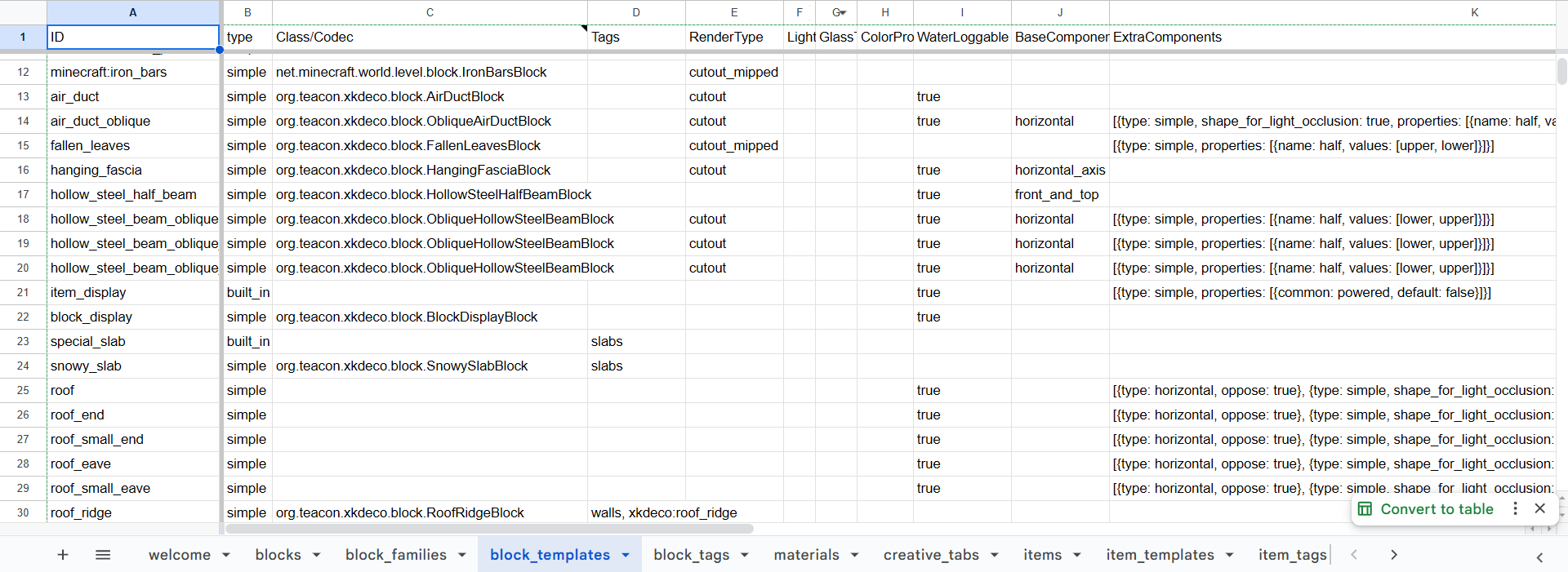 an image showing many block templates defined in Google Sheets