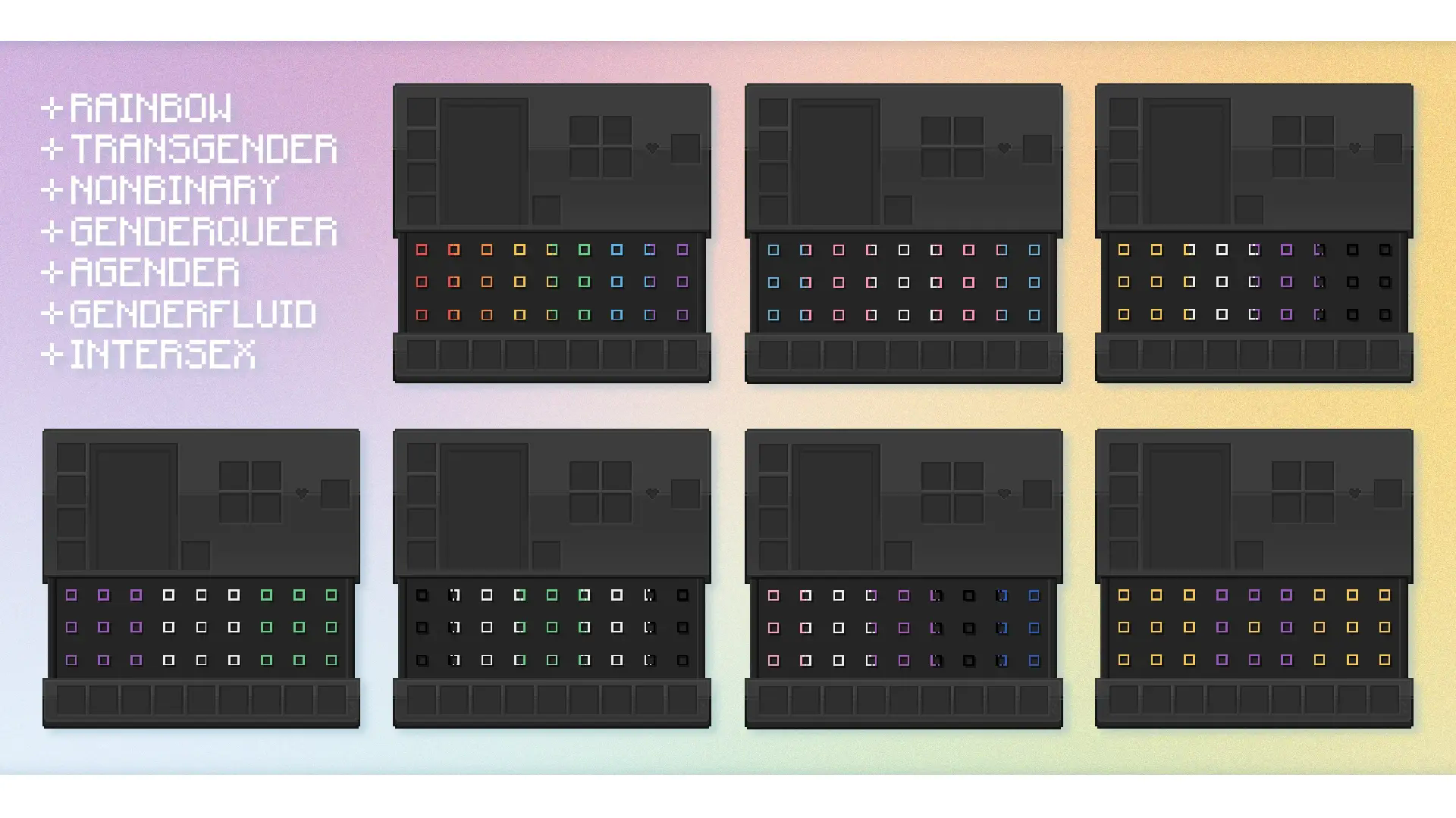 A colorful preview of some of the inventories included. In order: rainbow, transgender, nonbinary, genderqueer, agender, genderfluid, and intersex.