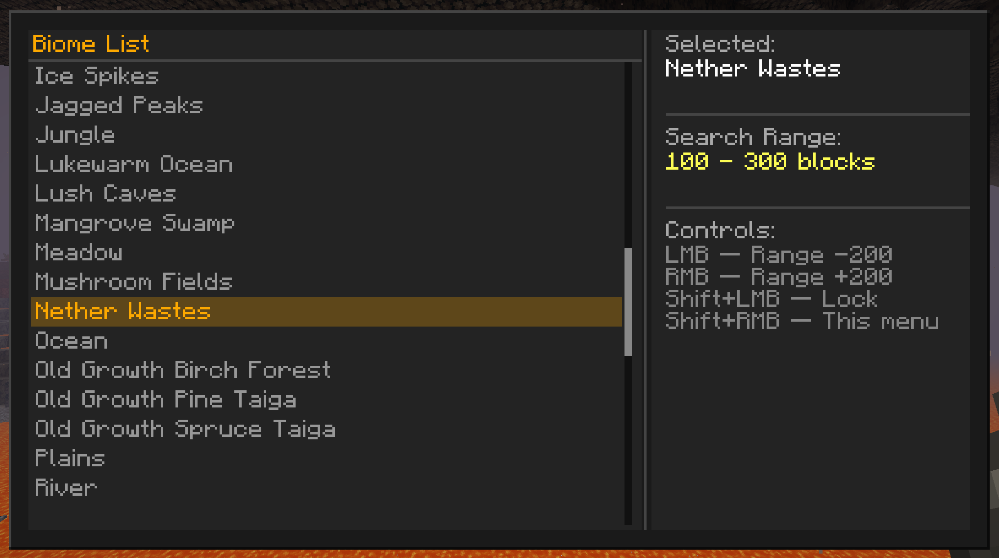 Showcases the user interface with all listed modded and unmodded biome-sets on the left, and block scan details on the right