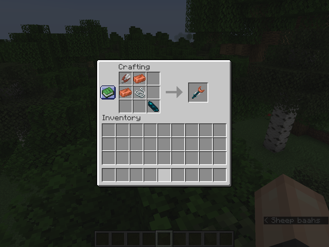 A players crafting menu, with shears in the top left of the matrix. Below, and also to the right of the shears 2 copper ingots are placed. in the center of the matrix a string is placed. and on the bottom right, an echo shard