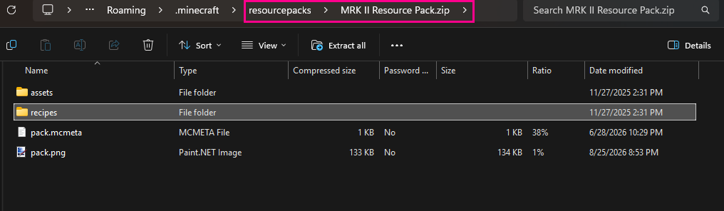 File path to the recipes folder in the Resource Pack