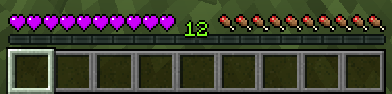 A screenshot of the Minecraft game interface, on which the standard red health hearts are replaced by bright purple ones