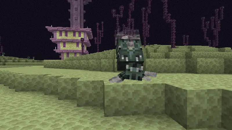 A Dreamweaver on an end island. It is close to the camera. There is an end city in the background.