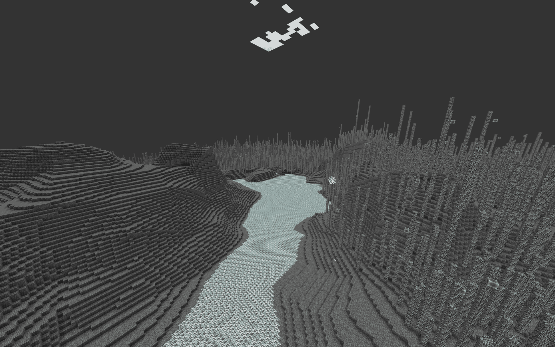 asphodel! a gray dimension with spires on the right and an open plain on the left. the middle is filled with a grayish blue liquid river