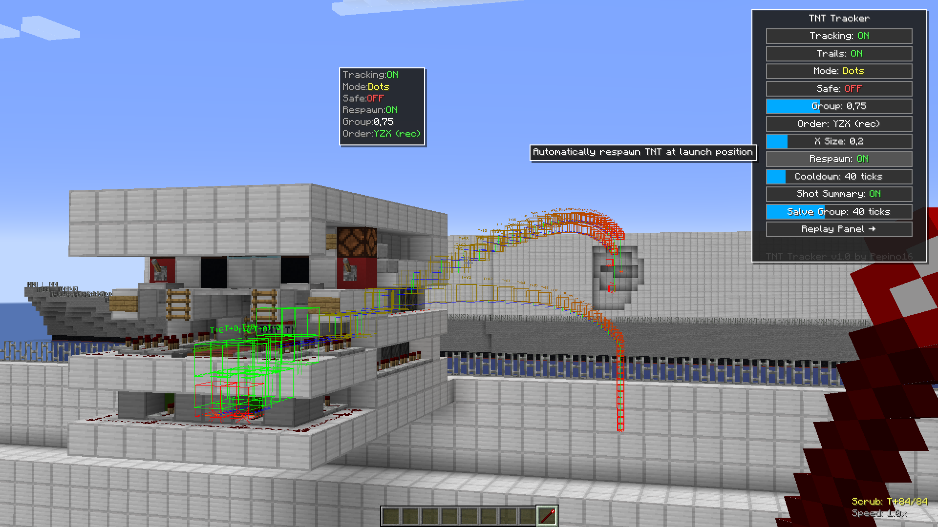 Remote cannon firing with sub‑tick calculation steps visible, flight paths rendered in replay mode with the time scrubbing slider, and the draggable HUD panel on screen.