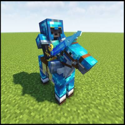 Player with mithril armor and sword, riding armored horse