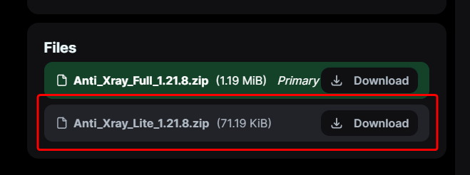 Screenshot of the Files section of a pack version showing the the full and lite zip files