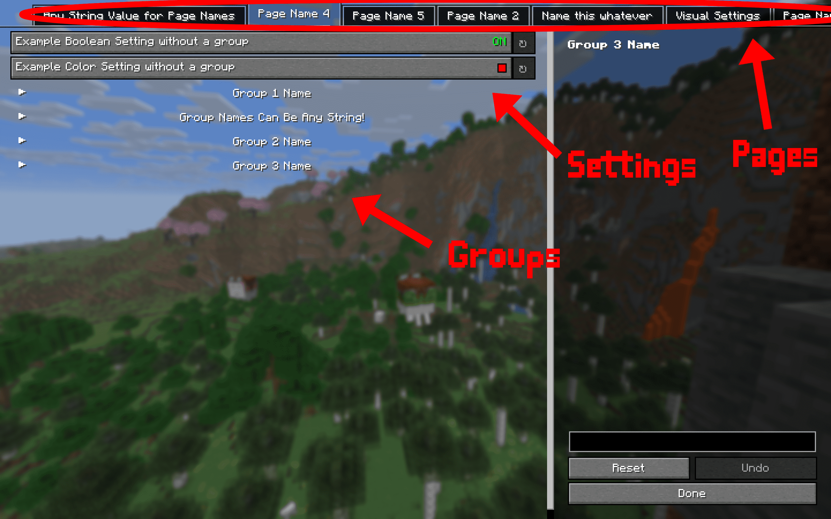 Example of Pages/Groups/Settings
