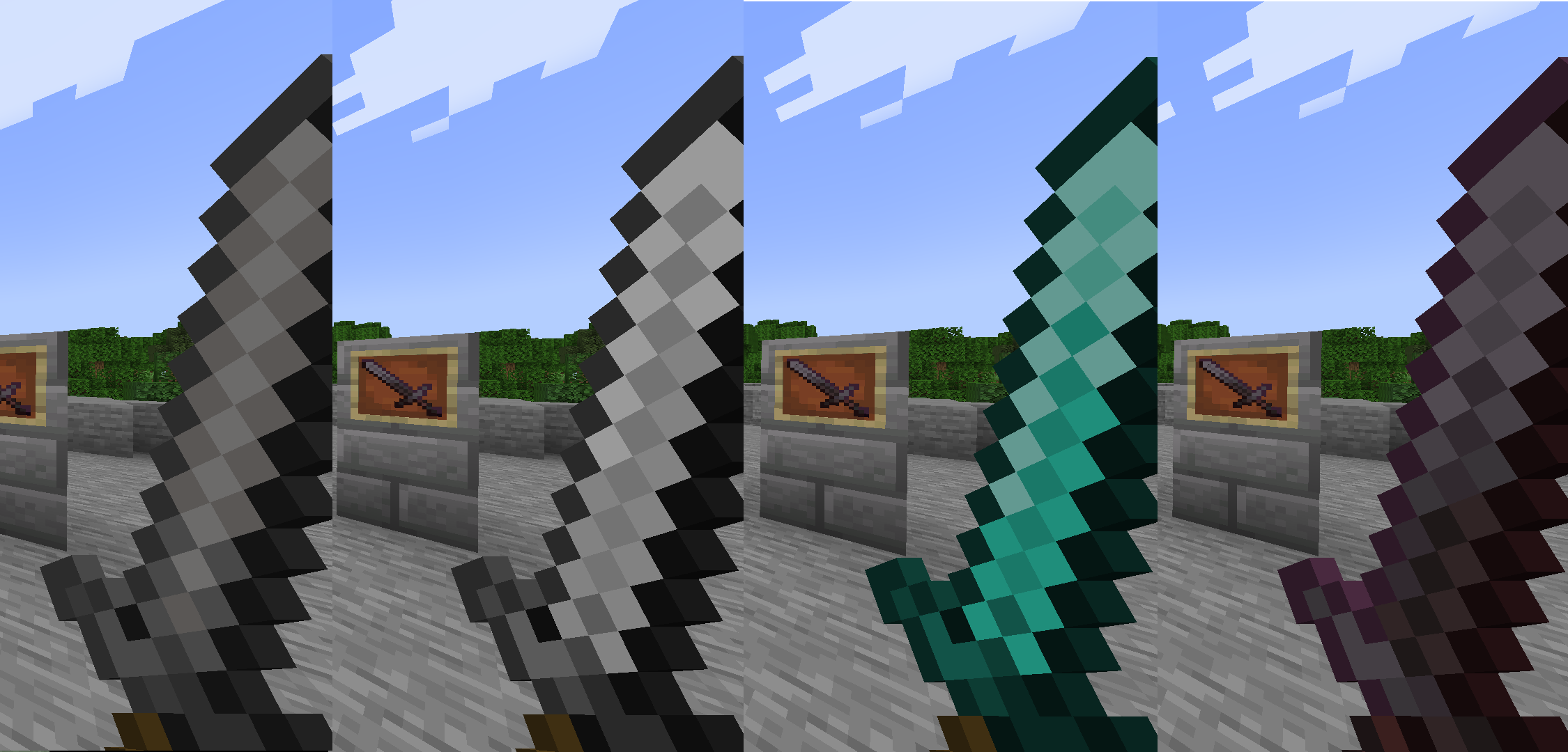 An Image comparing Four different Swords in Minecraft.