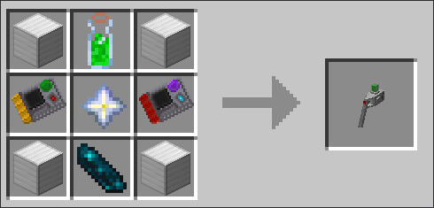 Portal gun crafting recipe: Four Iron blocks in the corners, Portal Fluid Vial on the top, Dimension Module on the left, Location module on the right, Echo Shard on the bottom, and Nether Star in the middle