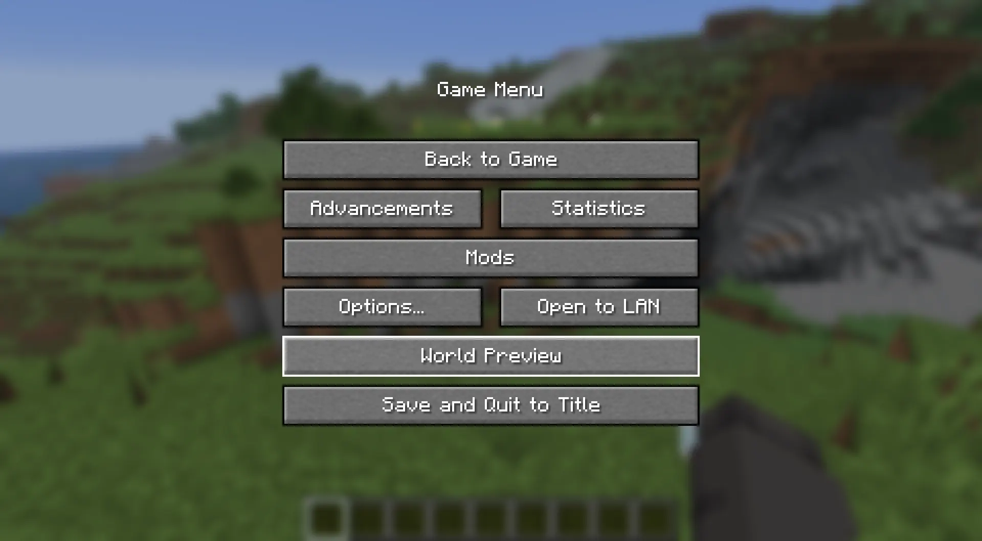 The pause menu with the new World Preview button highlighted