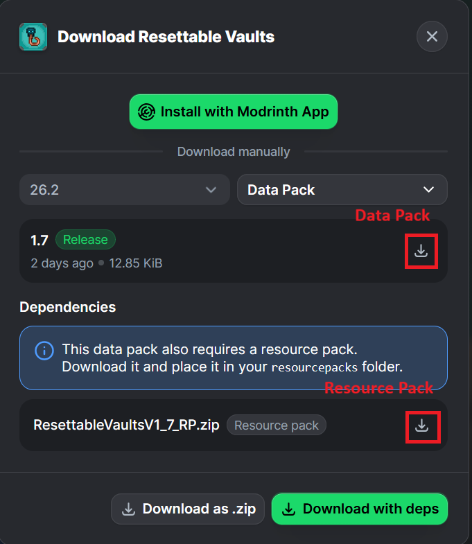Click the download icon for both the data and resource pack files.