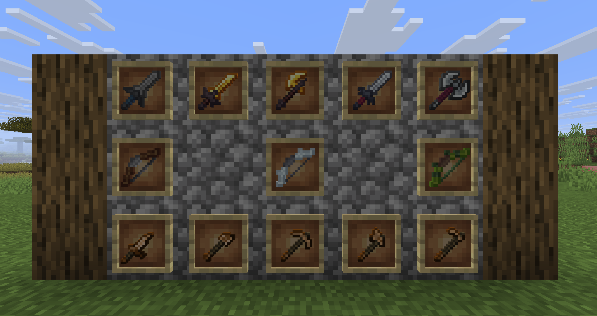A display of various tools and weapons that are held by hostile mobs
