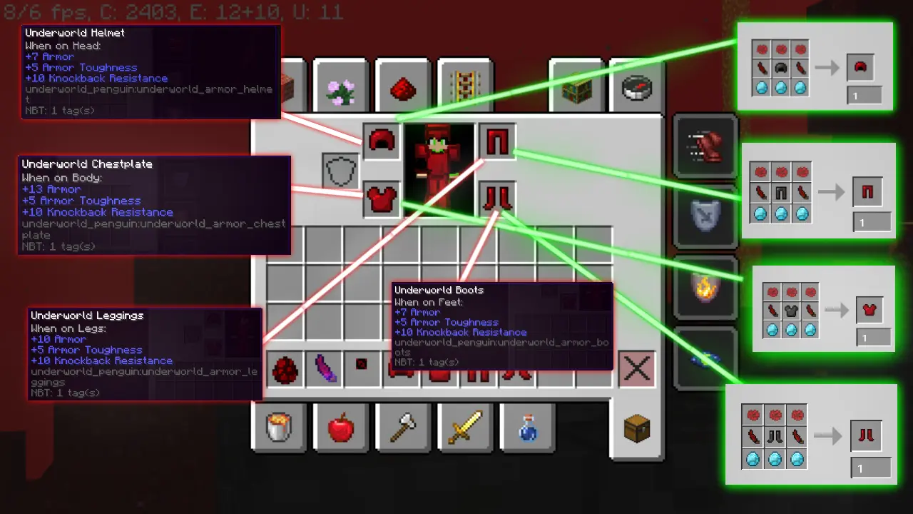 An image displaying the "Lower Penguin Shield," showcasing its supernatural properties and how it is crafted on a crafting table.