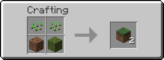 Crafting recipe for the datapack, 2x2 crafting grid, the top row has wheat seeds, while the bottom left block is a dirt block, bottom right is a moss block.