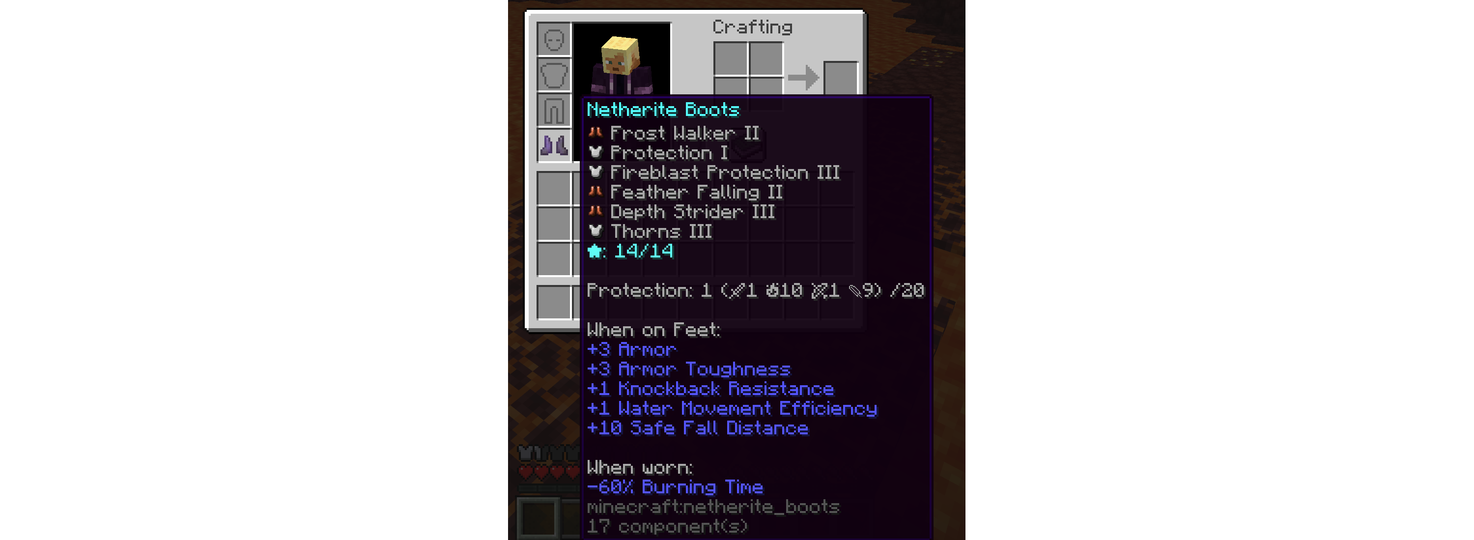 [Image of enchanted netherite boots showcasing removal of incompatibility and total protection level being shown]