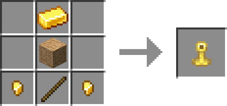 badge stand recipe : one ingot (gold/iron/copepr/netherite), one cork block, two gold nugget, one stick.