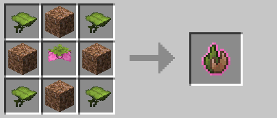 Image of living Moss crafting recipe alternative 1 of 2, it requires 4 big dripleaf, one at each corner, 4 rooted dirt, one between each big dripleaf and a spore blossom at the center