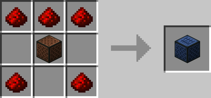 3 redstone dusts at the top and 2 at the bottom corners, a vanilla note block at the center