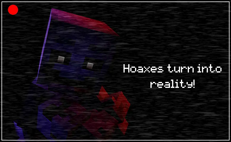 Another render with a classic FNaF camera overlay, this time of the Purple Guy Animatronic, lit up by red and magenta lights. The text beside it reads "Hoaxes turn into reality!"