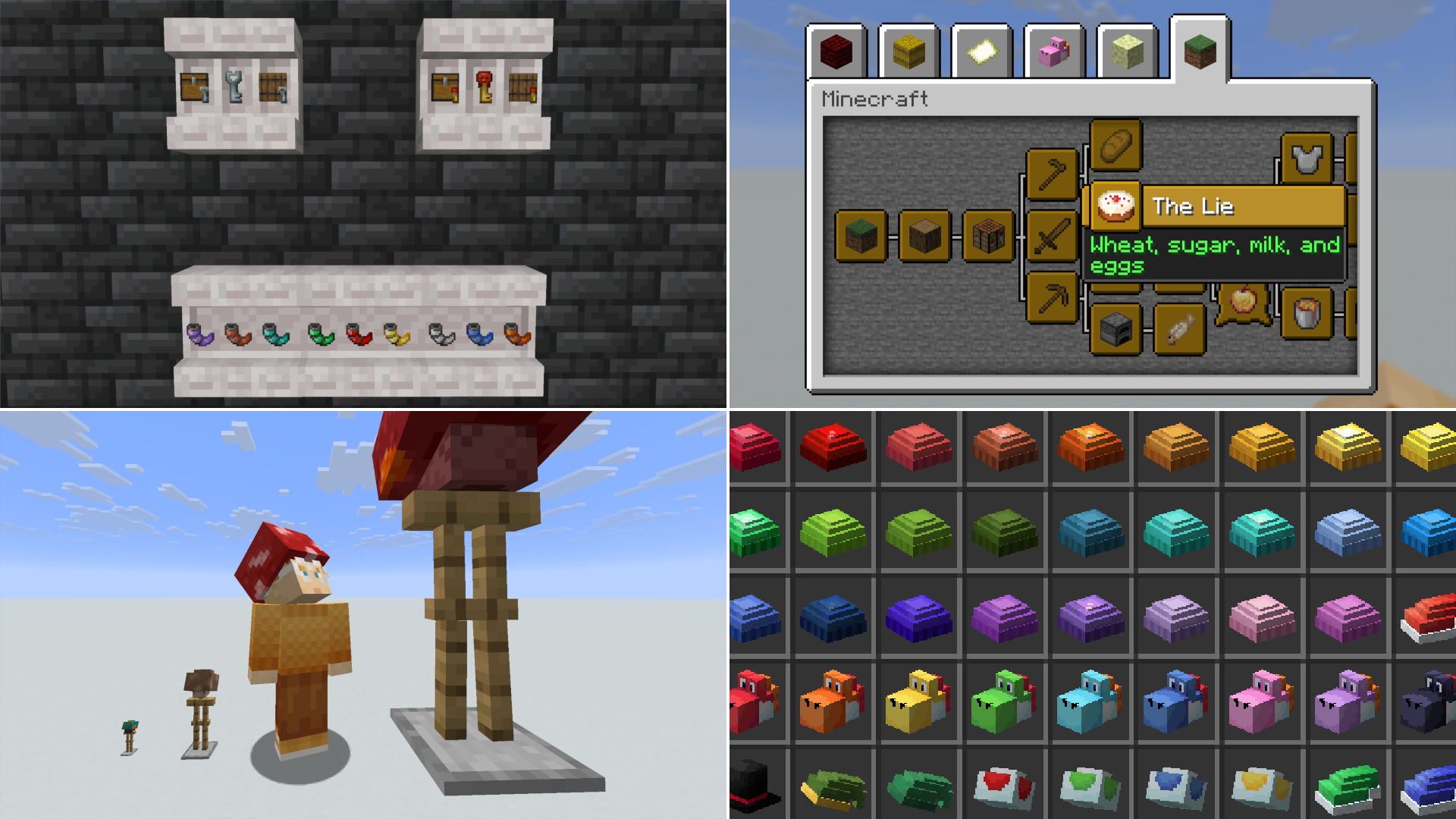 A collage of 4 images of mutated mushrooms, custom goat horns, locked containers, advancements, and hats in Vanilla+.