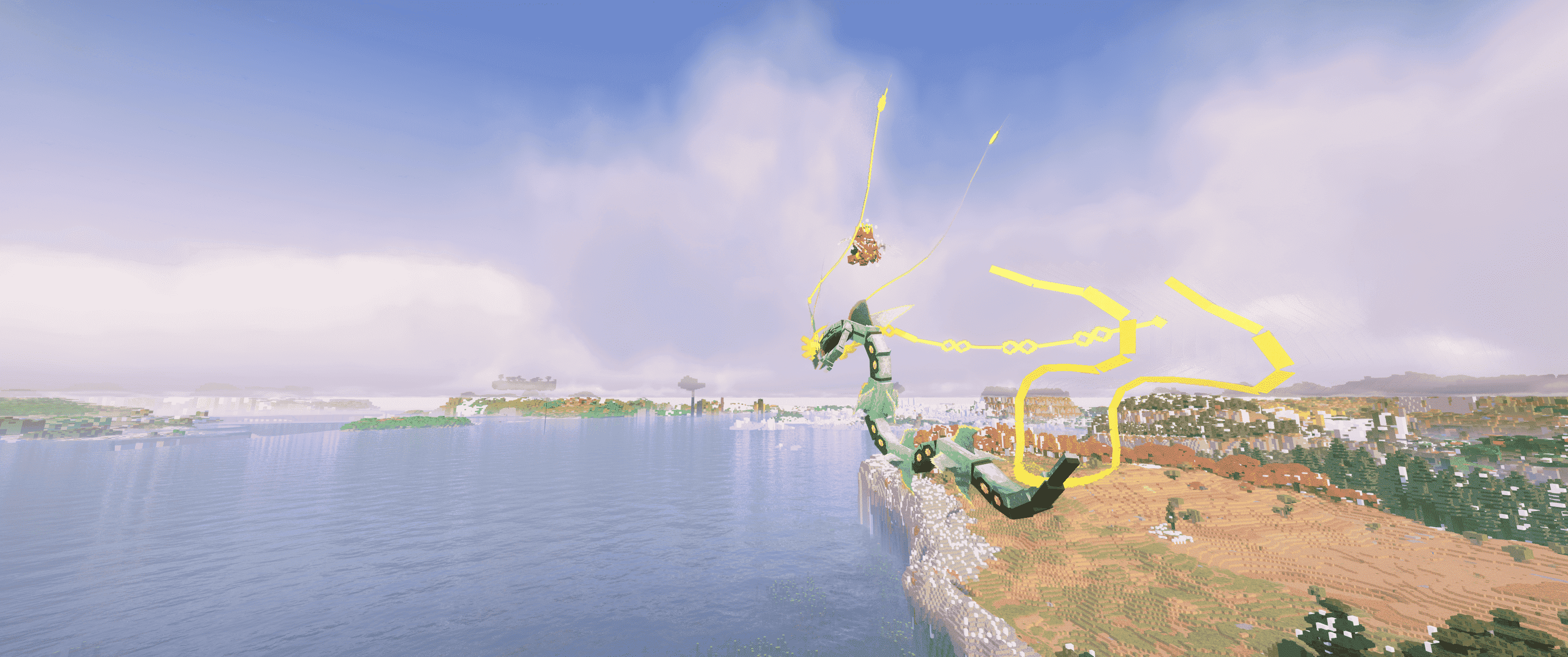 A player flying on top of a cobblemon
