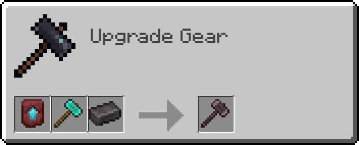 Smithing table recipe showing a diamond hammer upgraded to a netherite hammer using a netherite ingot and smithing template