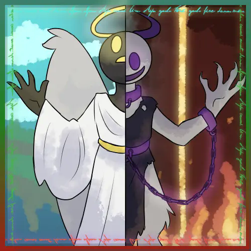 a split image, on the left side is an angel gazing skyward. it has dark skin and white wings and robes. it's eyes, mouth, halo and belt are yellow. behind it is a clear blue sky with fluffy clouds and a floating island in the distance. on the right side is a grinning demon, it has light skin and dark, ragged clothes. it has purple cuffs around it's wrists, waist and neck which are attatched to each other with chains. in the background there is a dark red landscape, fire rises from the demon's feet and a lavafall pours from above.