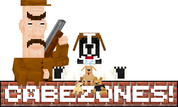 A pixel-art hunter with a shotgun stands next to a dog, above the word “CABEZONES!” in brick-style letters.