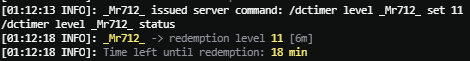 The status command showing the redemption level and remaining time