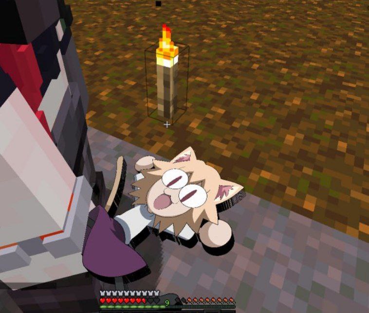 In the image, the Totem undying, which model has been replaced to Neco Arc, is holding by a player standing on mycelium blocks next to a torch.