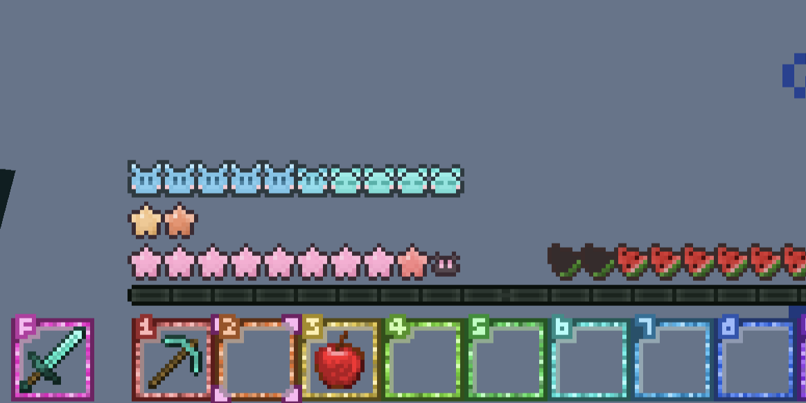 This image shows the hotbar, full and half armor, full and half hearts, health loss indicators, and hunger icons.