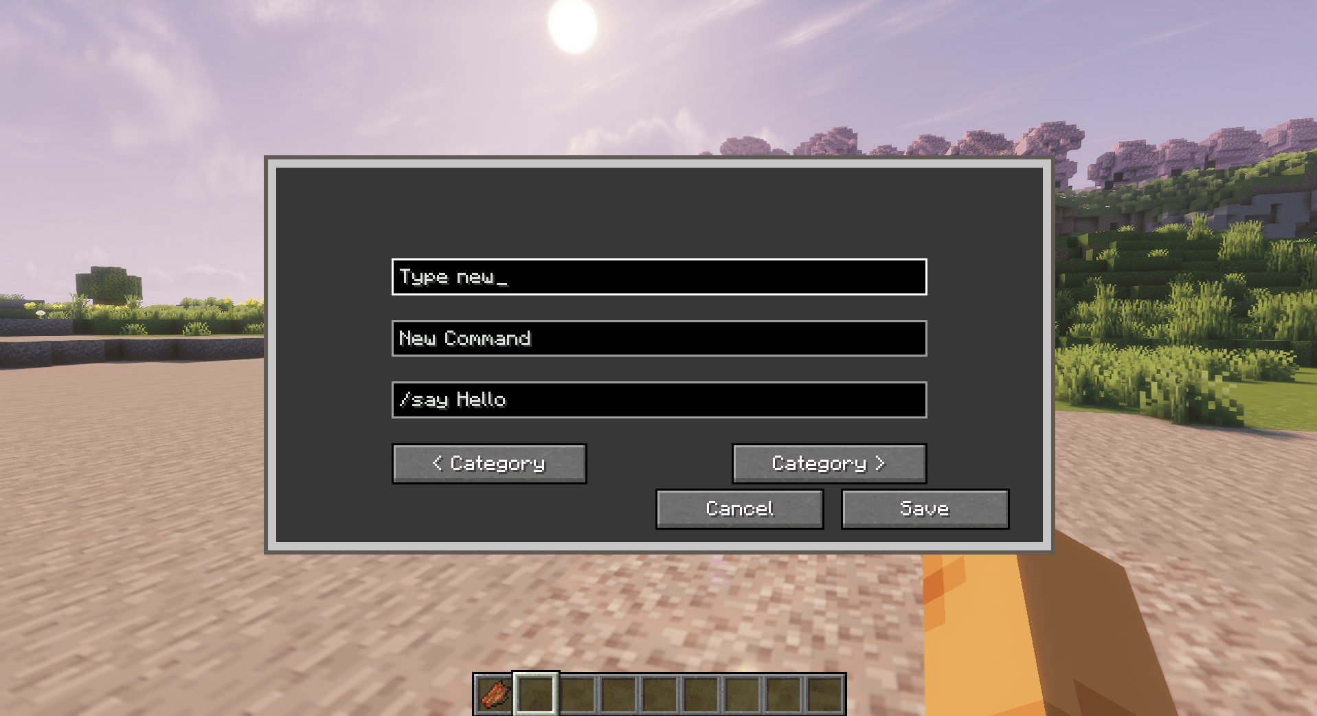 Screenshot of the Command Pouch add command menu in Minecraft. The menu lets players create a new command button by entering a category name, command label, and command text. Players can switch categories using the Category buttons or to make new Category just Write in the Category box , then press Save to add the command or Cancel to go back.