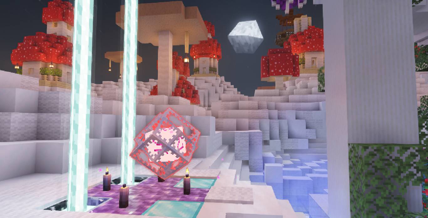 An ender crystal from the mod glowing in red in the night