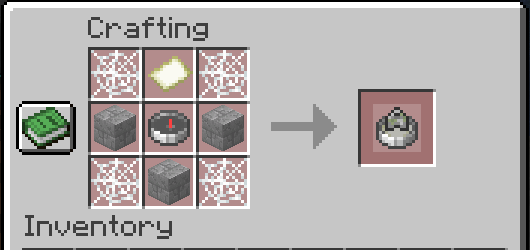 The recipe of the Structure Locator, consisting of 4 cobwebs in the corners, 3 cracked stone bricks in the left, bottom, and right middle, a map in the top middle, and a compass in the middle middle.