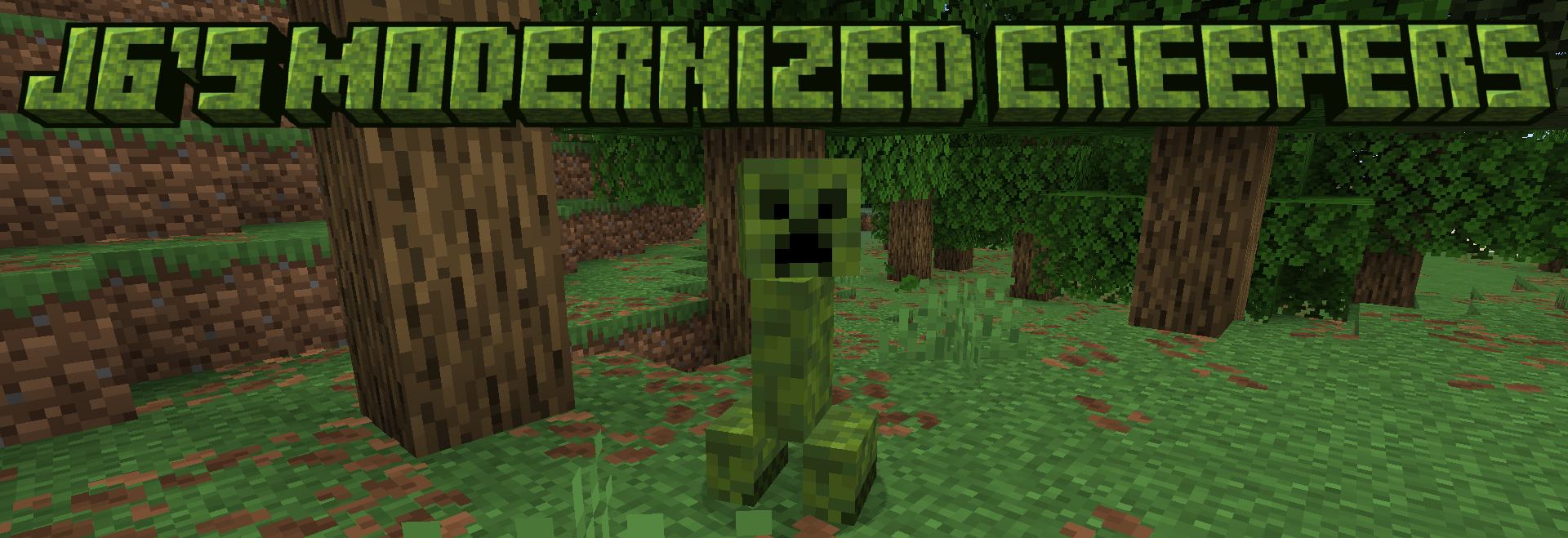 The banner for modernized creepers, featuring a single retextured creeper in the middle of the forest.