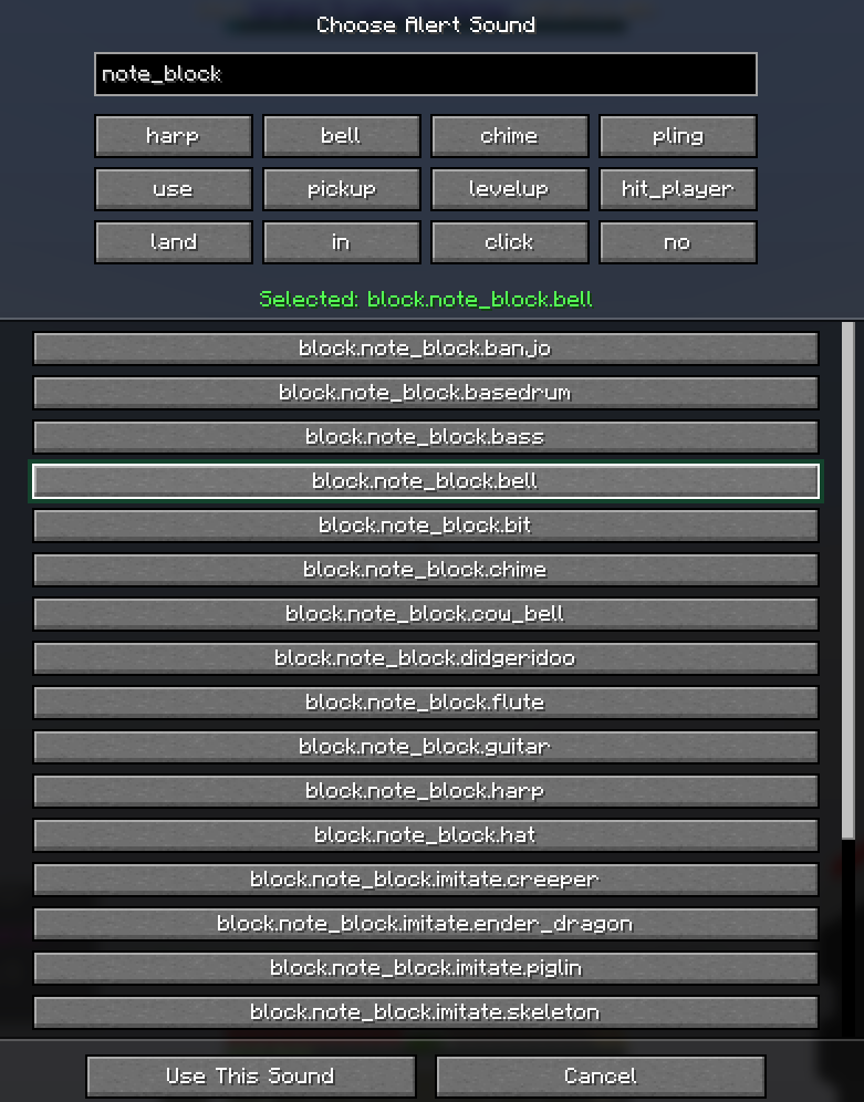 screenshot: The sound picker screen showing the search field, quick-pick grid, scrollable sound list with a highlighted selection, and confirmation buttons