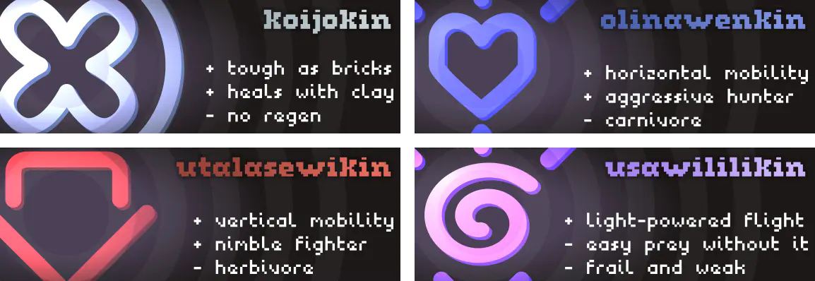 a grid of four cards. each card contains a sigil, an Origin name, and a summary of their traits. koijokin is a strong clay doll, olinawenkin is a carnivore hunter, utalasewikin is a nimble herbivore fighter, and usawililikin is able to fly.