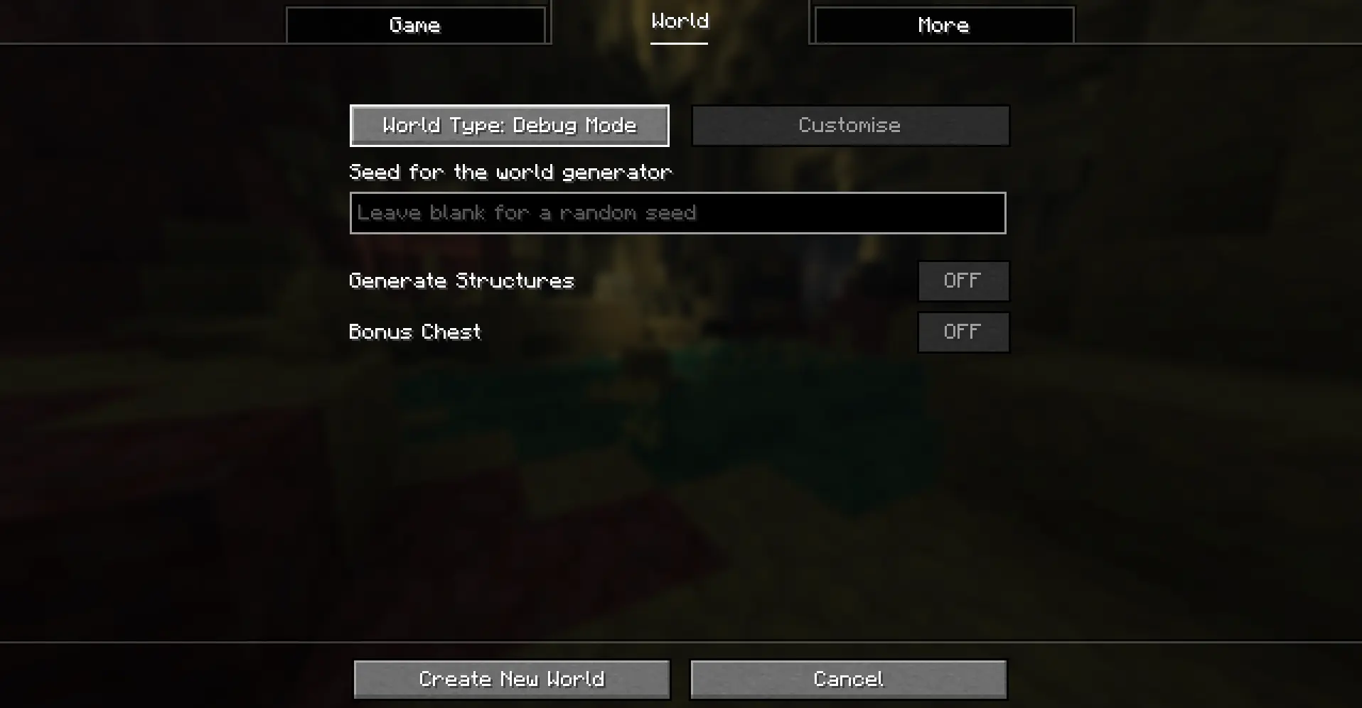 The World tab of the world creation screen, with 'Debug Mode' selected