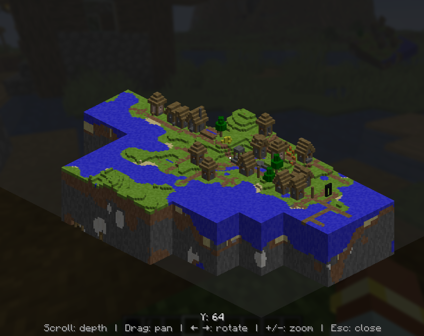 Image shows full isometric map view of explored chunks with indicators for; "Scroll: depth", "Drag: pan", "arrow keys: Rotate", "plus / minus keys: zoom", "Escape: Zoom"
