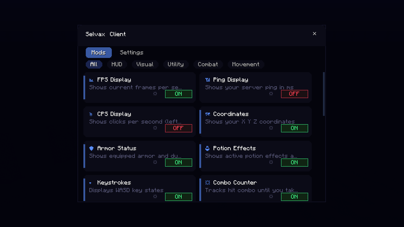 Client settings screen