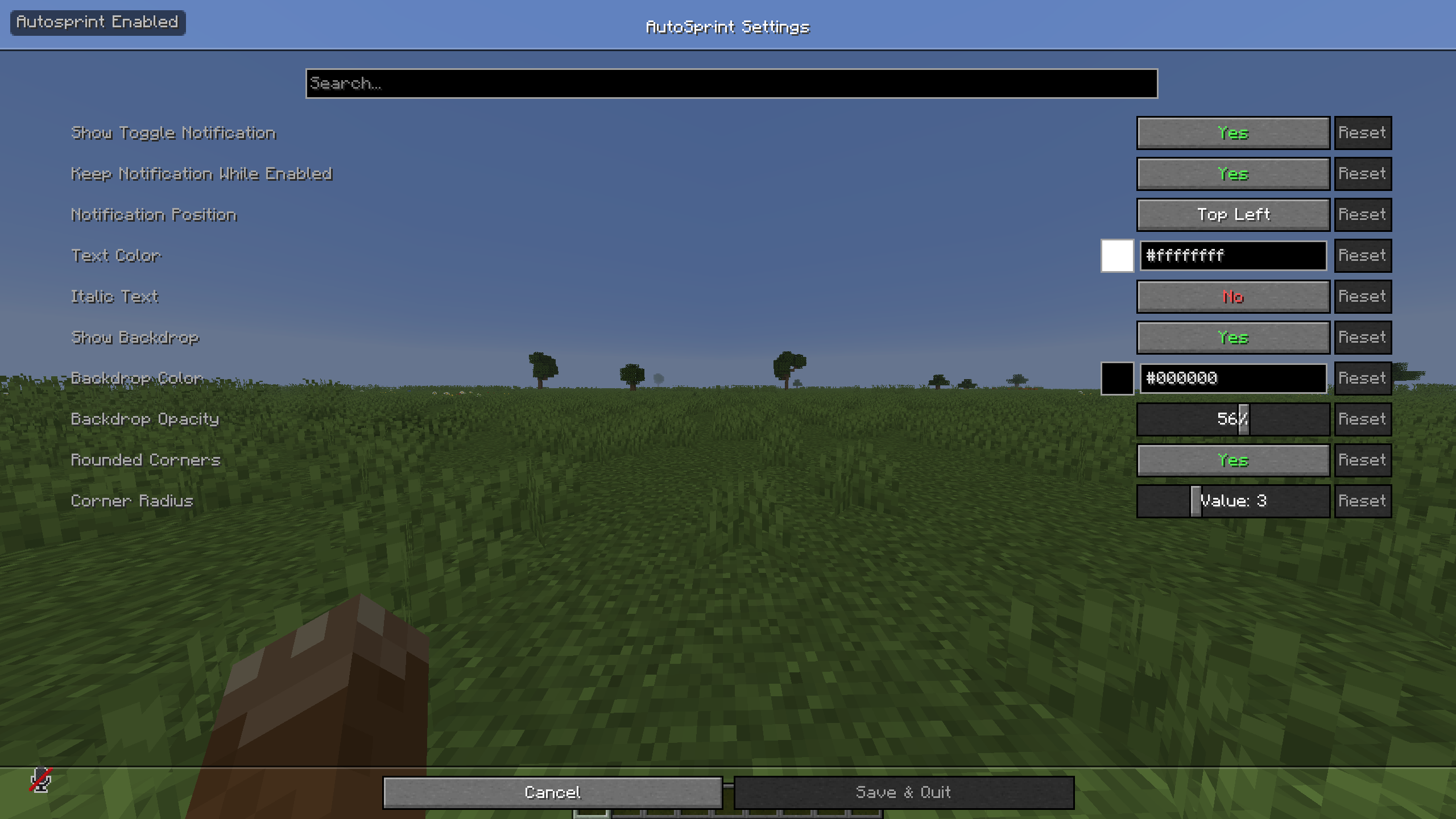 Preview of settings