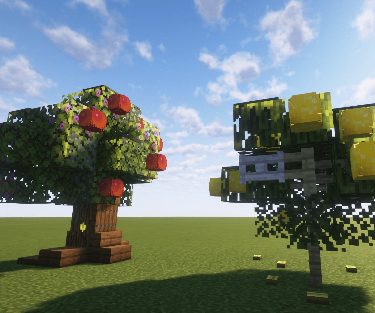 An apple tree next to a lemon tree, both made up of Minecraft blocks