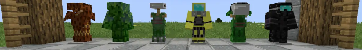The new armor models: Leather(Still dyeable), Chainmail - Guillie Suit, Iron(helmet-fryingpan), Golden -Hazmat Suit, Diamond-Heavy (2plates + Kevlar)(Helmet-Ballistic Helmet) and Netherite-Special Ops suit