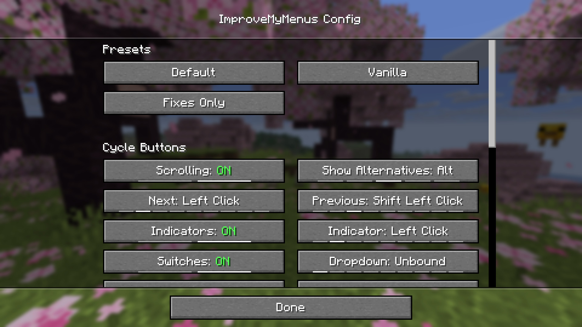 A screenshot of the "Improve My Menus Config" screen.