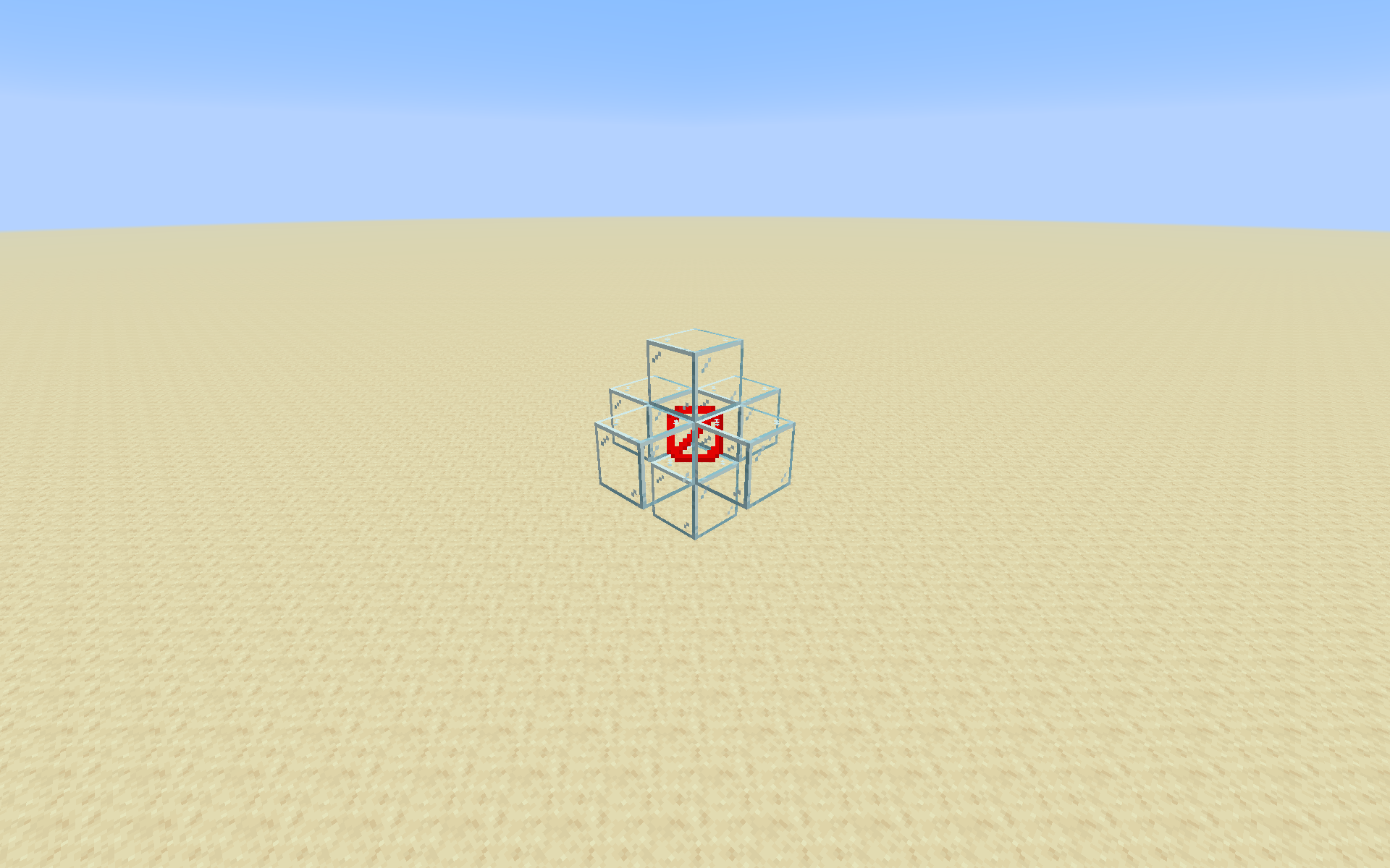 Visualization of the effect of Multimine II, with a barrier as the block mined by the user, and glass as the blocks broken by Multimine.
