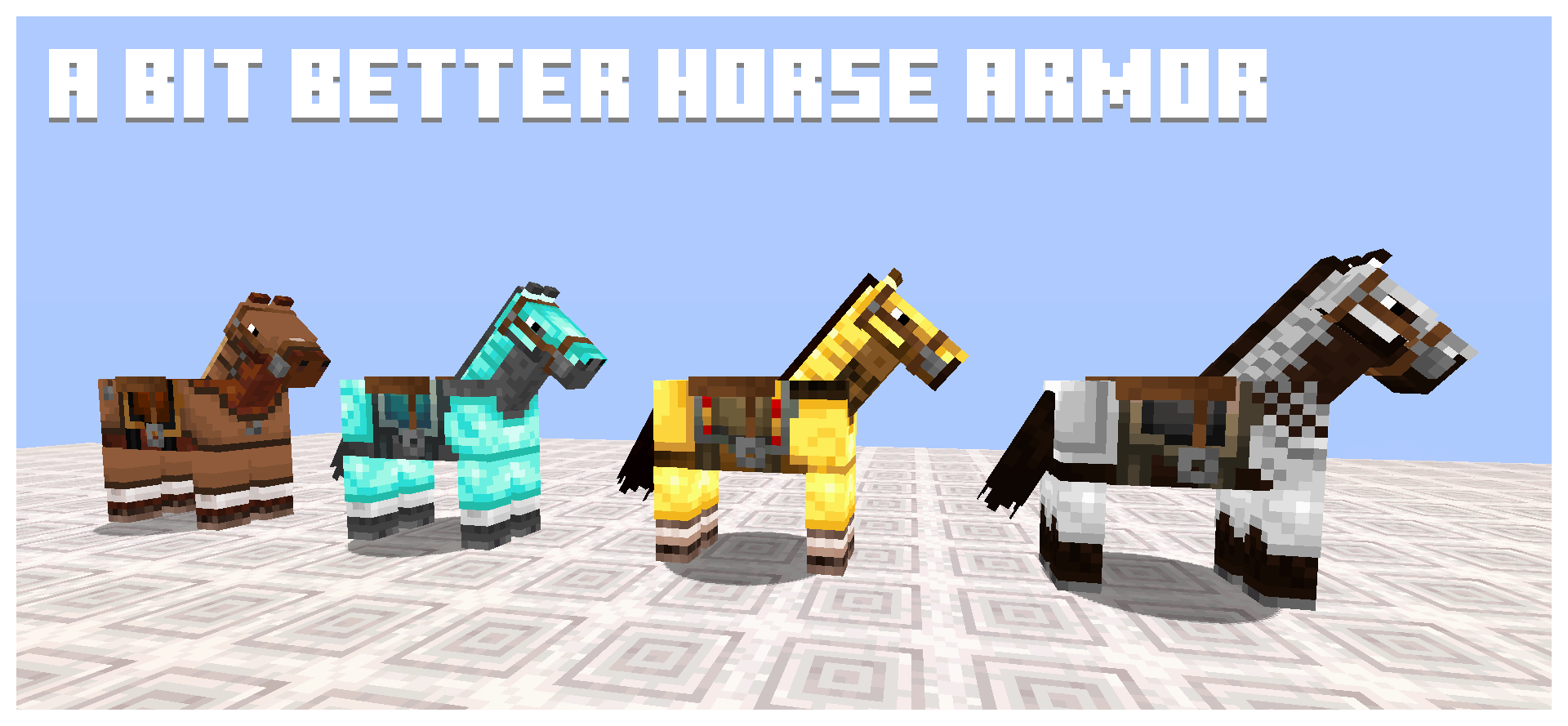 There are four horses, each one wearing a different set of horse armor. The resource pack, A Bit Better Horse Armor, has been applied.