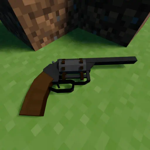 Rendered image of a single action revolver. The cylinder has gear teeth on it and there is a shaft with two cogs below it above the trigger.