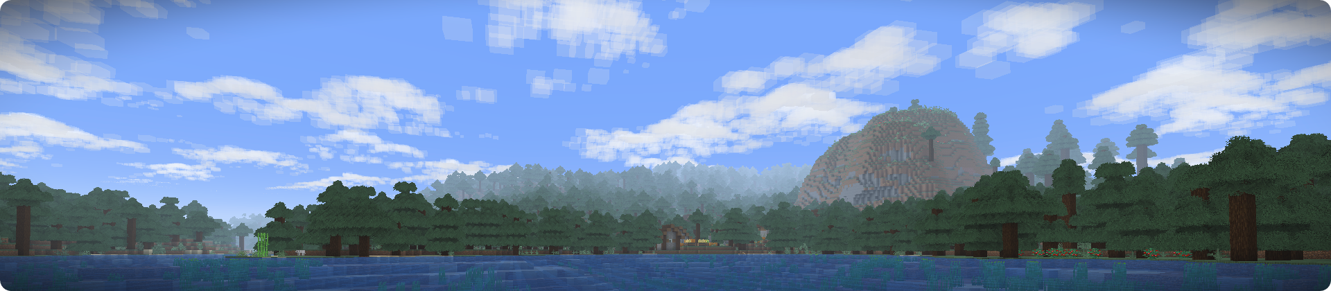 Spruce village as seen from a boat on a lake. Showcasing clouds, fog, and enhanced render distance.